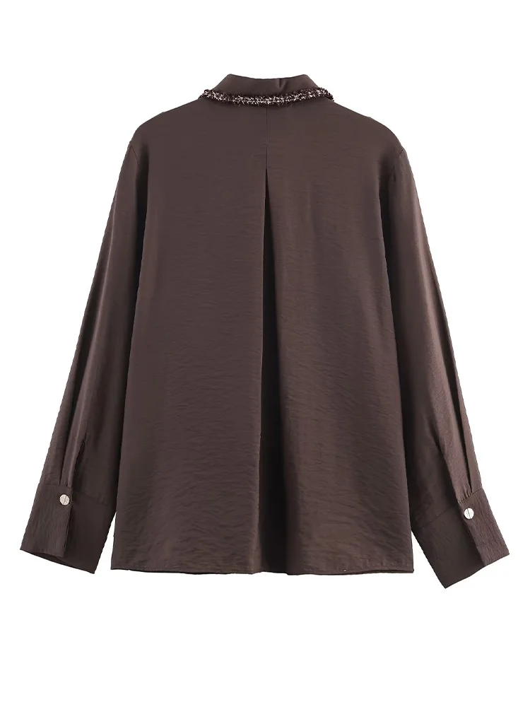 

HH Woman Fashion Long Sleeves Single-breasted Lapel Trimmings Texture Shirt Autumn Female Button Fit Loose Leisure Solid Blouse