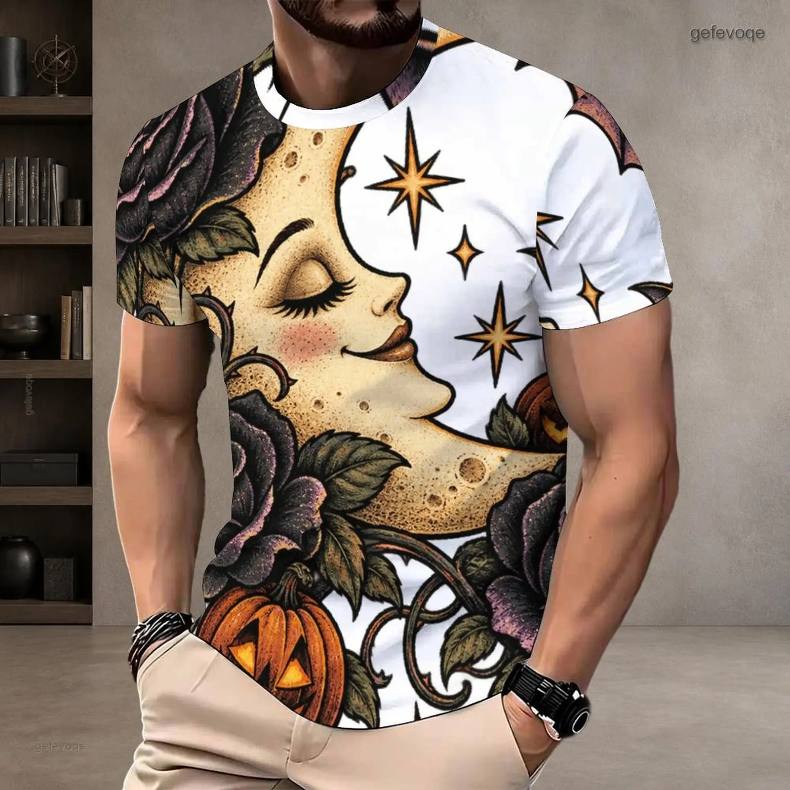 Men Round Neck Short Sleeve T-Shirt, Printed Light Bulb Stacked Books Abstract Doodle Graphic Top