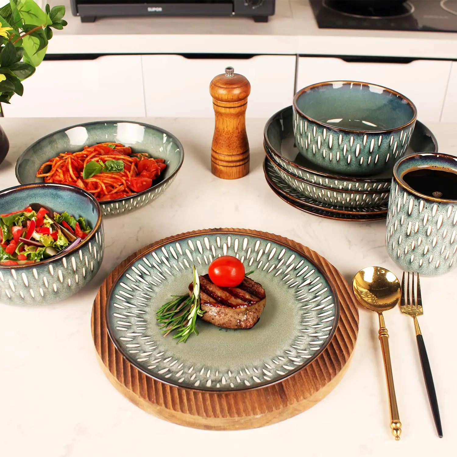 أطقم أواني طعام مكونة من 16 قطعة - أدوات مائدة دائرية من الزجاج التفاعلي - أواني طعام المطبخ من البورسلين مع طبق عشاء ووعاء وS