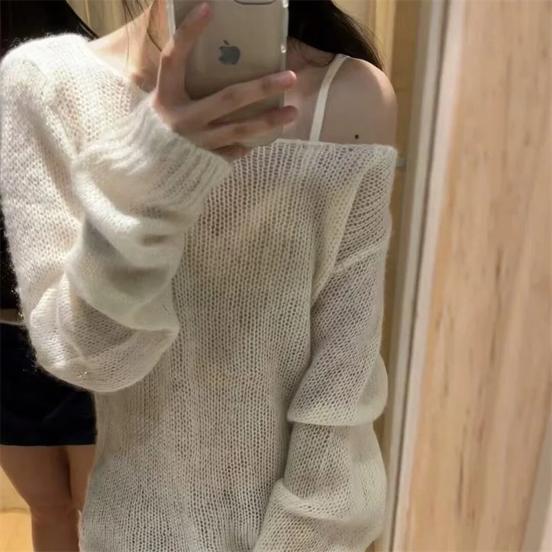 Sweet Women Beige Pullover 2024 Fashion Summer Ladies Hollow Out Long Sleeve Shirt Vintage Female High Street Wear Chic Shirt