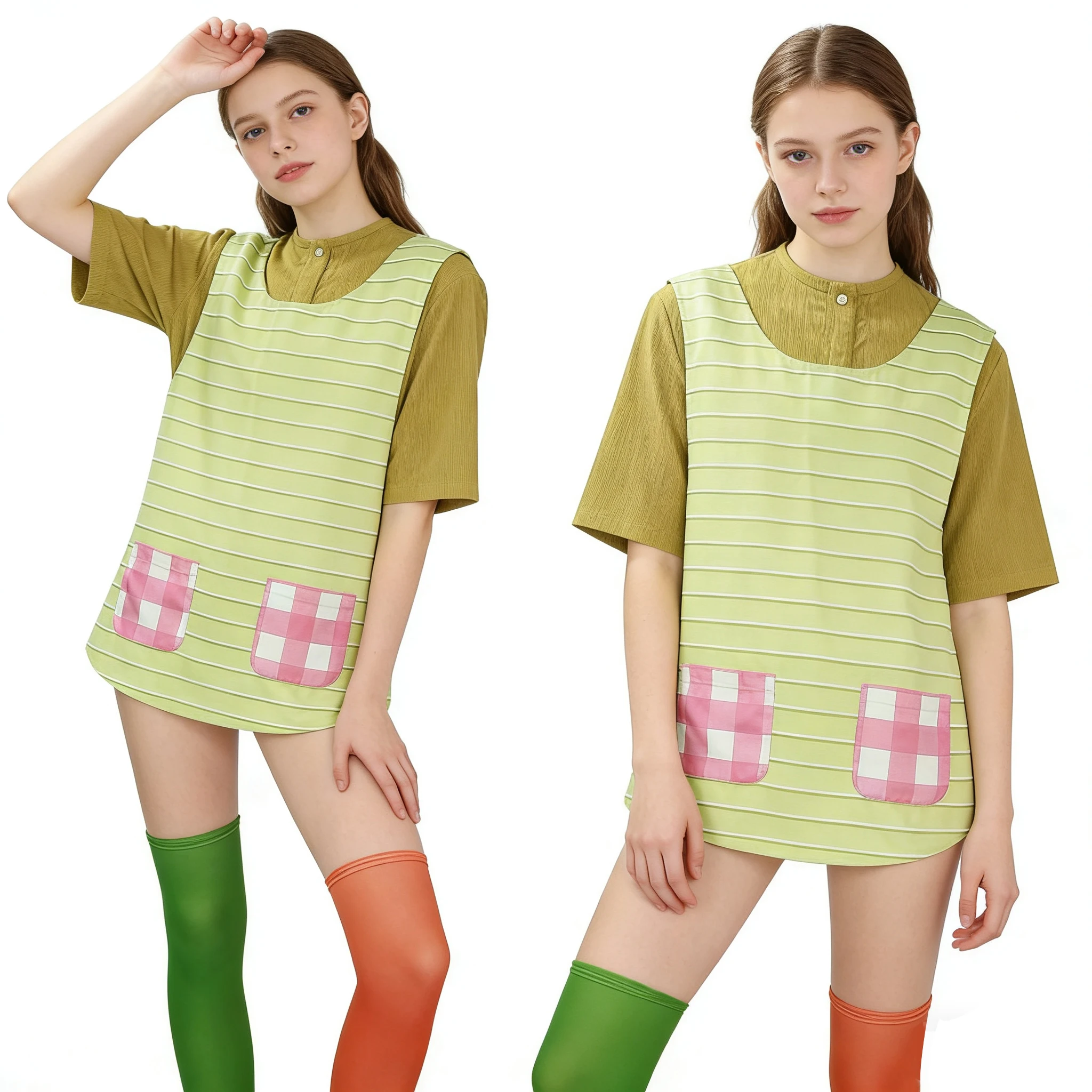 Conjunto de calcetines de cosplay de Pippi Longstocking, calcetines altos hasta la pantorrilla con diseño de patchwork a rayas para mujer, accesorios para disfraz de Halloween