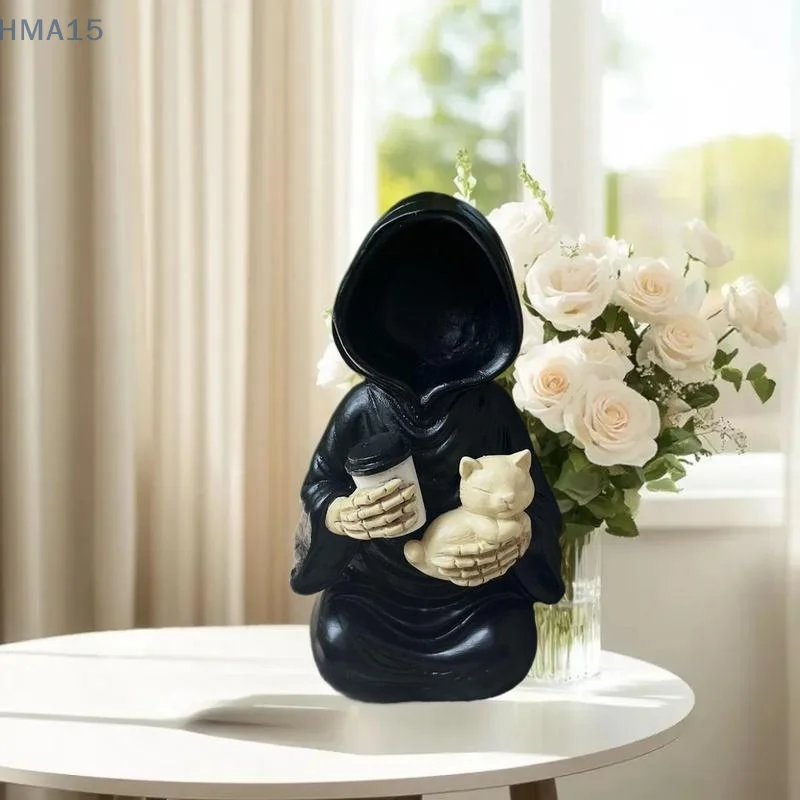 Condolence Coffee Cup Bearing Reaper Sculpture with Emotional Support Cat