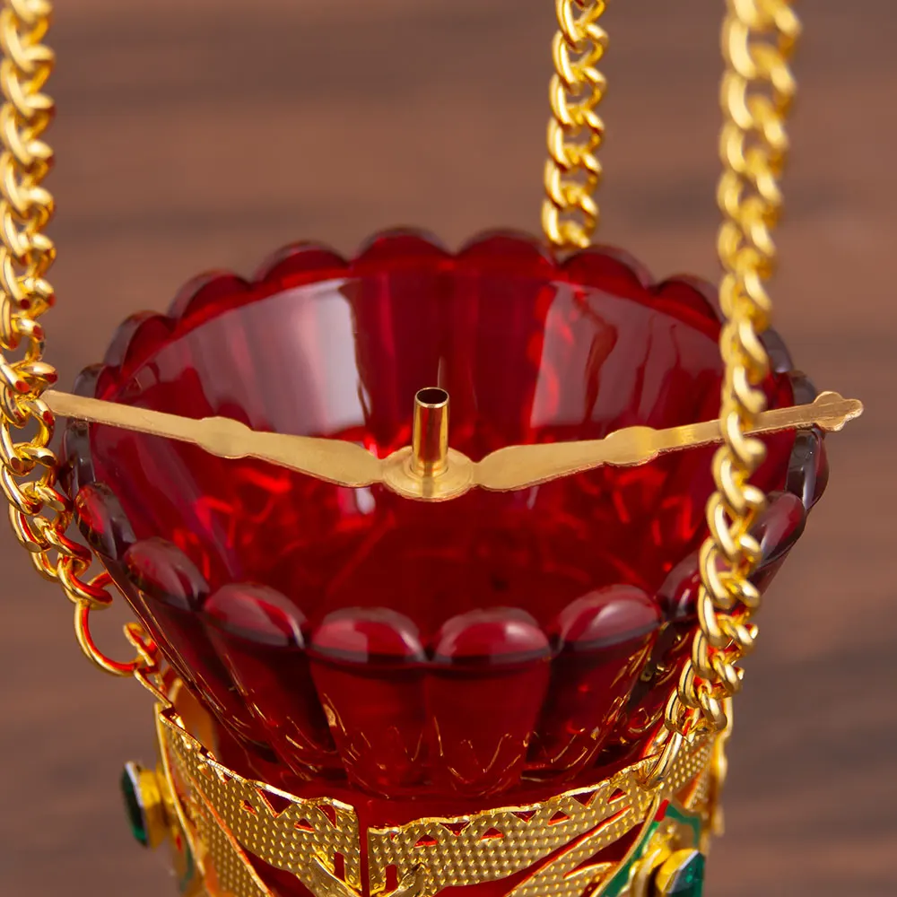 Opulent Byzantine Hanging Church Lamp in Zinc Alloy with Gold Plated Filigree and Ruby Red Glass Shade Church Decor Gift Ideas