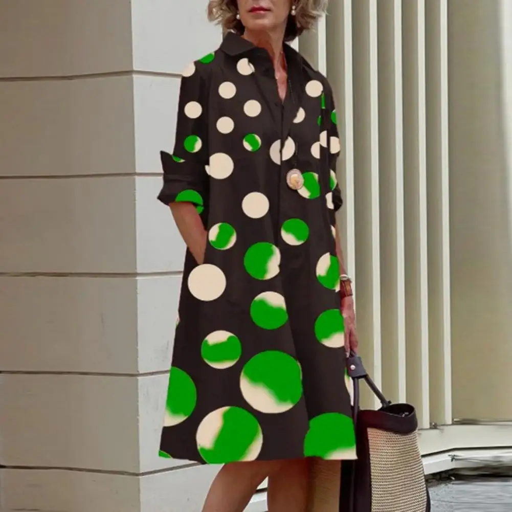 Women Print Dot Shirt Dress Turn Down Collar Full Sleeve Pockets Dresses A Line Single Breasted Autumn 2023 Office Lady