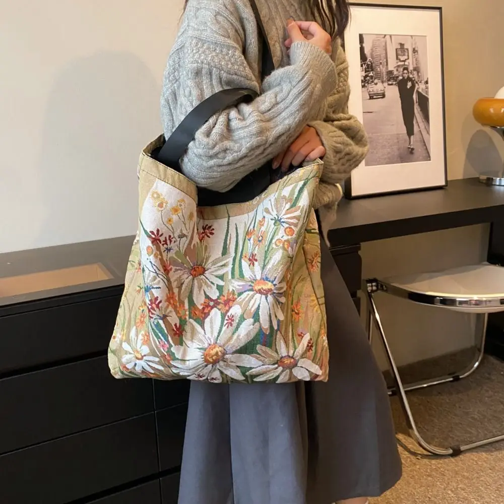 

Butterfly Embroidery Ethnic Style Handbag Flower Cartoon Animal Ins Cat Tote Bag Storage Bag Stripe Canvas Print Shoulder Bag