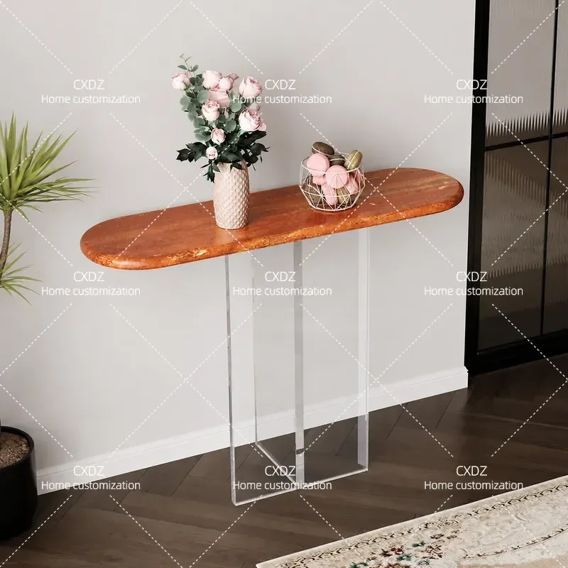 Light Luxury Acrylic Entryway Console Table Against Wall Natural Travertine Art Simple Modern Living Room Ultra Narrow Strip