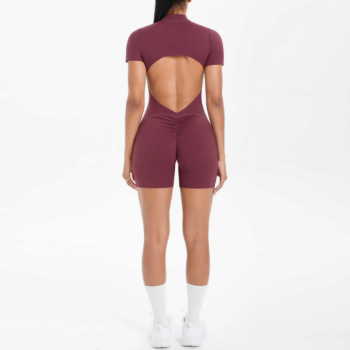 Ausgehöhlter, rückenfreier, kurzärmliger Reißverschluss-Overall für Damen, Overall, Yoga-Anzug, einteilige Legging, kurze Push-Up-Gymnastik-Yoga-Kleidung – Detail 40