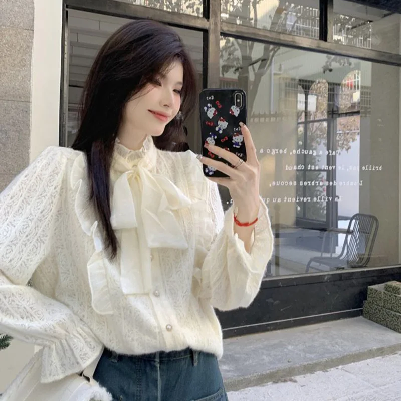 Spring Autumn Fashion Bow Lace Flare Sleeve Knitted Shirts Women's Clothing Elegant Soft Solid Loose Open Stitch Shirts