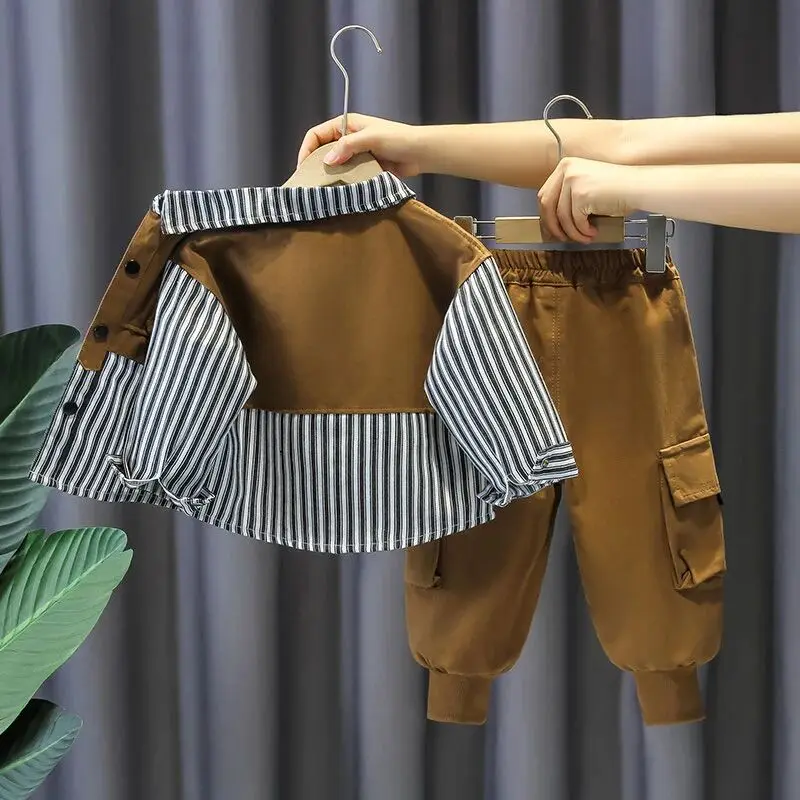 Children's Spring Set New Handsome Boys' Splicing Long Sleeve Shirt+Pants Two Piece Set 90-140cm