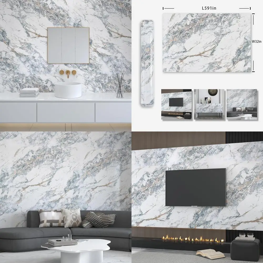 لفة كبيرة مقاومة للماء ذاتية اللصق باللون الأبيض والأزرق والرخام والجرانيت لطاولات المطبخ مقاس 32 × 591 بوصة