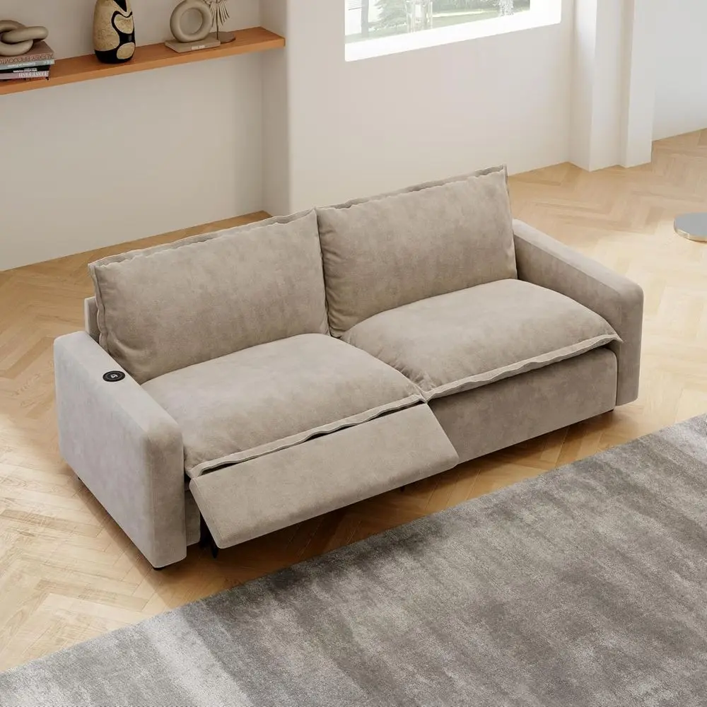 

83 Inch Sectional Sofa with Power Recliner, Loveseat, Deep Seating, Heated Cushions, Removable Linen Covers in Khaki