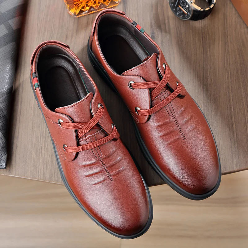 Shose Men Fashion Breathable Leather Comfortable Spring Autumn New Korean Lace Up Business Casual Men's Flat Heel Shoes Luxury