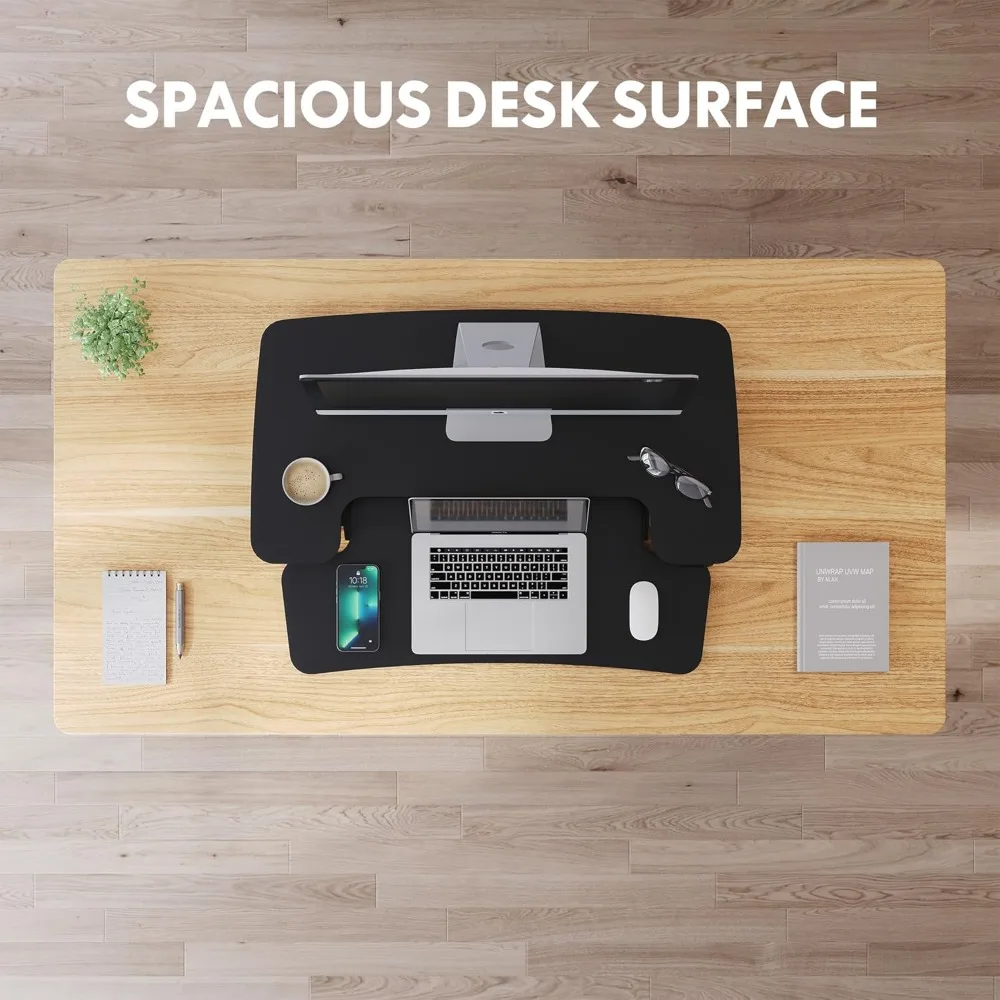 Motorized Standing Desk Converter 32" Black Electric Height Adjustable Stand up Desk Riser with Quick Release Keyboard Tray