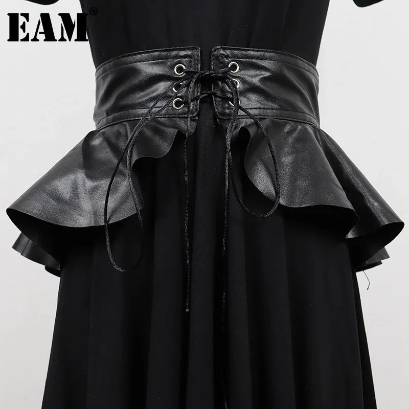 

[EAM] Pu Leather Black Ruffles Elegant Bandage Belt Personality Women New Fashion Tide All-match Spring Autumn 2024 1DH7008