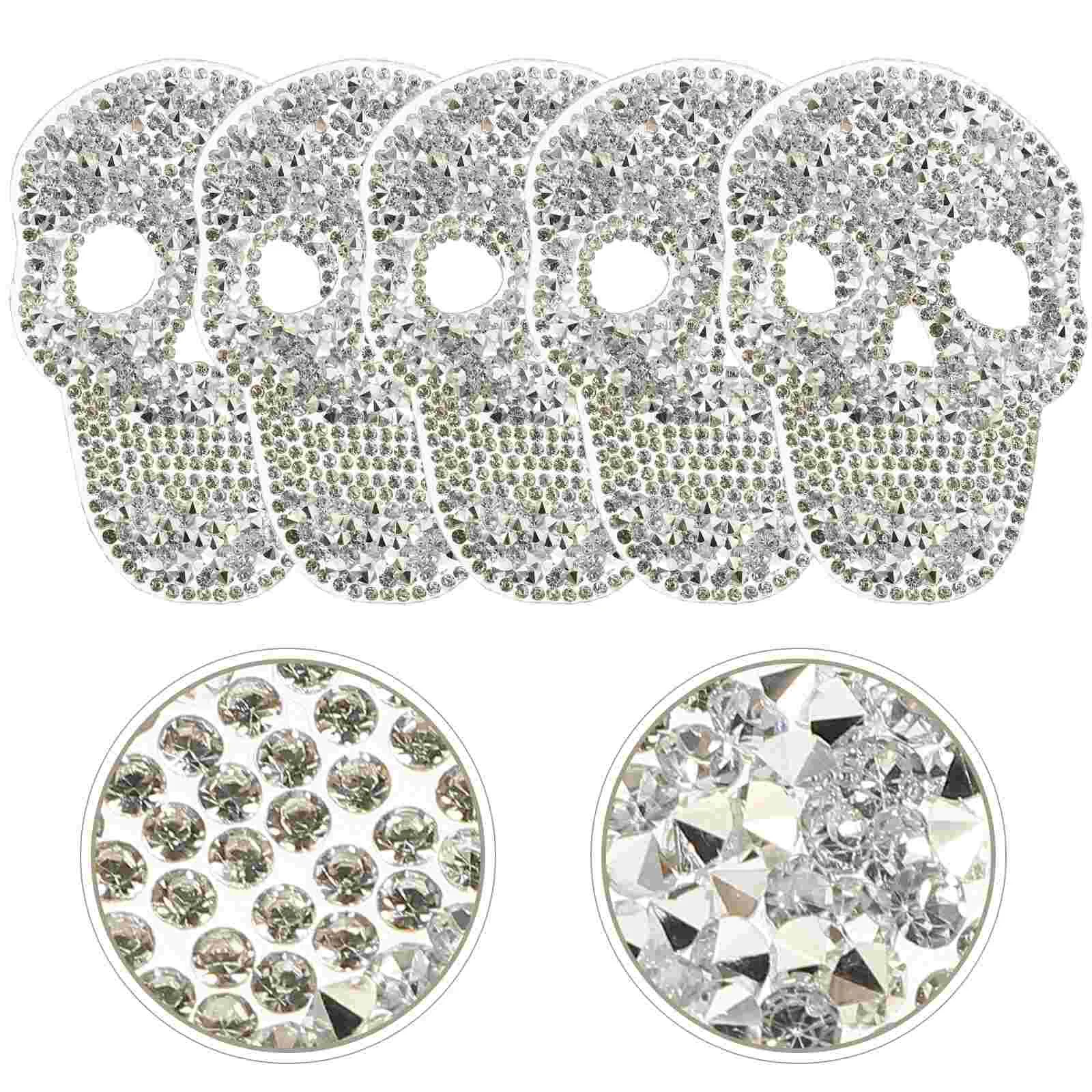 5 Pcs Skull Hot Diamond Stickers Patches for Clothes Jeans Bags Lightweight Compact Iron On Sewing Decorative Rhinestones Silver