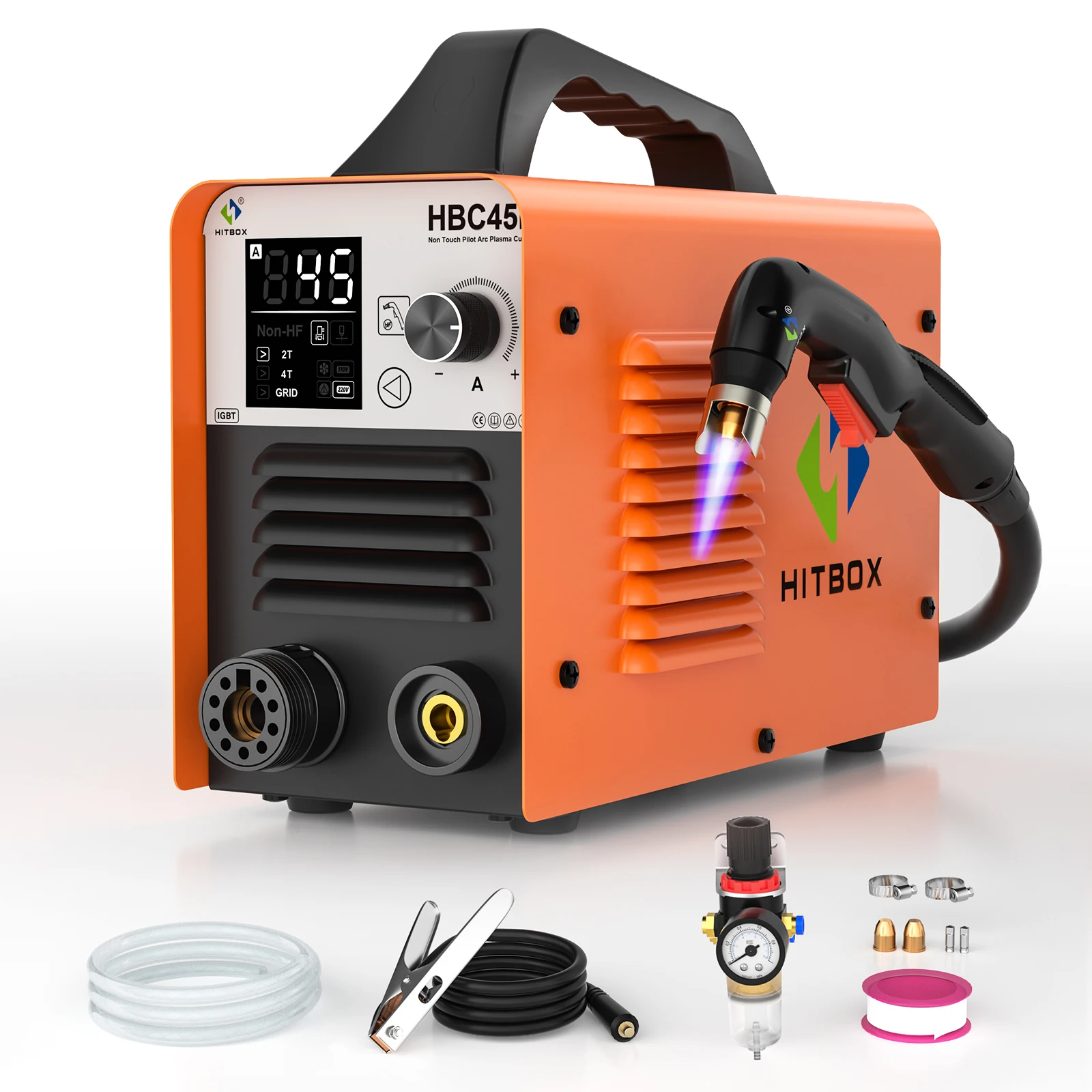 HITBOX 45A Plasmaschneidgerät 220V Nicht-HF Berührungsloser Pilot-Lichtbogen Luftplasma-Schneidemaschine mit LED-Anzeige 2T/4T Gitter-Schneidefunktion 1-15mm