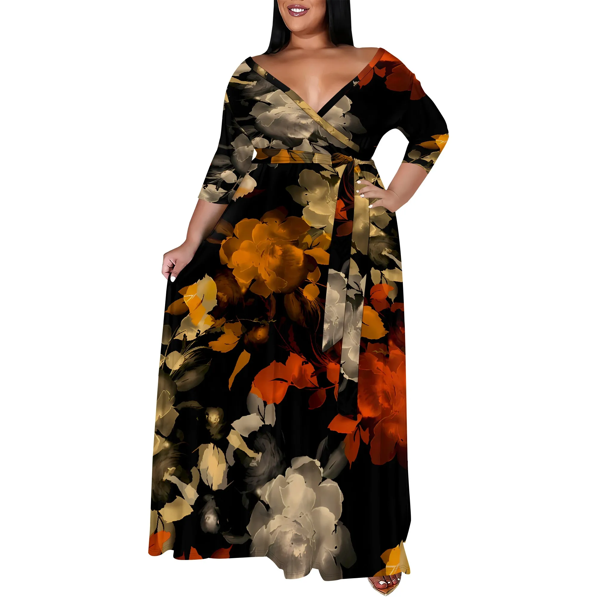 Plus Size Dresses for Women Floral Maxi Dress Flowy 3/4 Sleeve with Belt - AliExpress Plus Size Dresses for Women Floral Maxi Dress Flowy 3/4 Sleeve with Belt - AliExpress