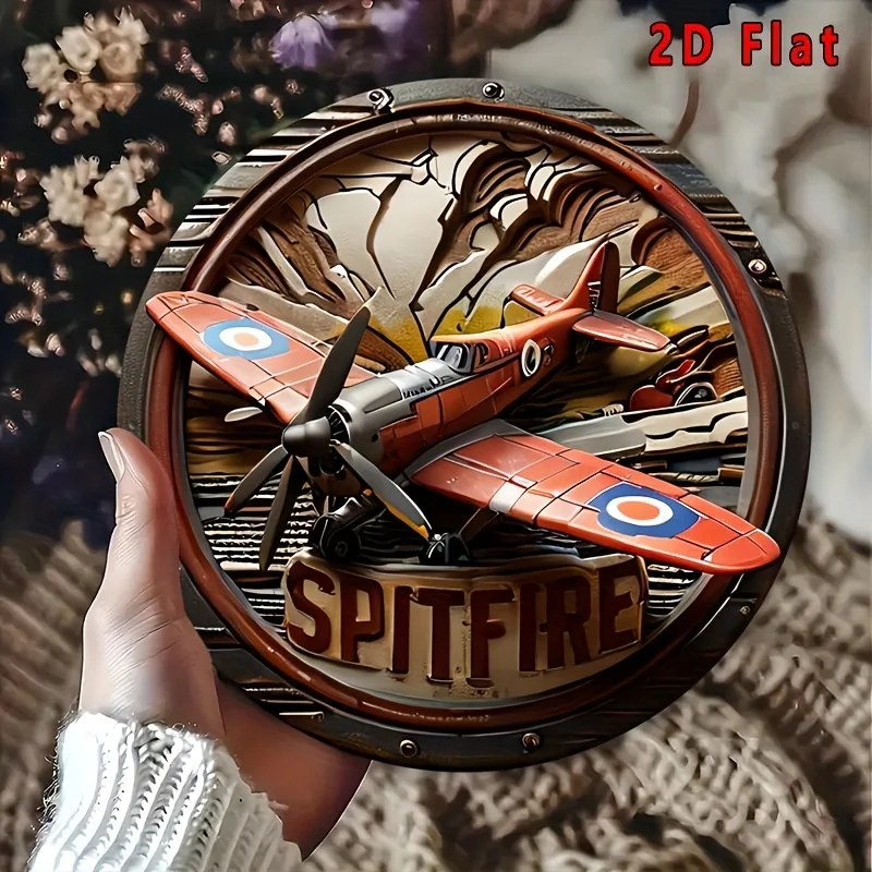 2D Flat, 1pc Vintage Spitfire Aircraft Wall-Mounted Decor - Retro British WWII Fighter Plane, Lightweight Aluminum Metal Sign view 6