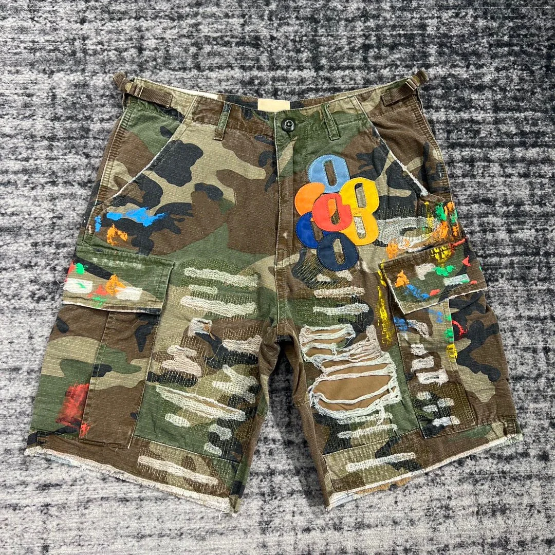 Gallery dept talk Summer Fashion Camouflage Splicing Leather Letter Washed Retro Knee Jeans Men Women Shorts