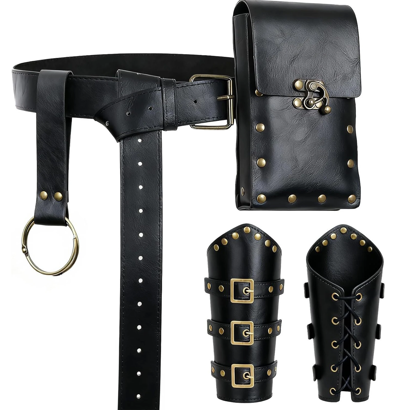 Medieval Cosplay Set Pirate Knights Wrist Guards Leather Belt with Waist Pouch  Hook for Renaissance Fairs Stage Performance