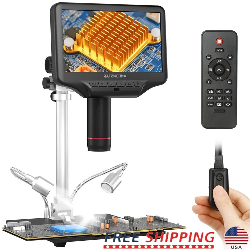 Microscopio digital profesional con soporte de metal 4MP UHD Pantalla LCD de 7" Video USB Grabación HDMI 360 °   Soporte Giratorio Brillo Ajustable