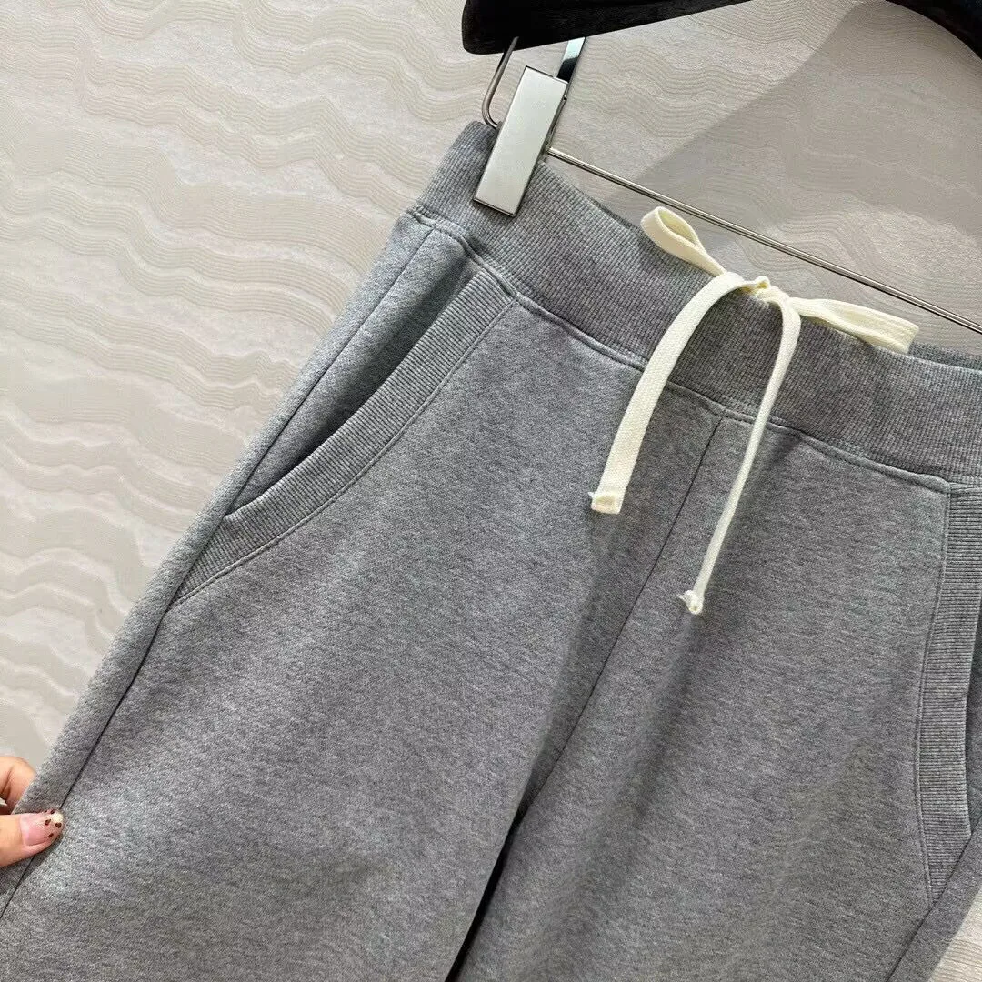 Pantaloni sportivi casual alla moda da donna Pantaloni lunghi grigi elasticizzati in vita midi con coulisse e gamba larga