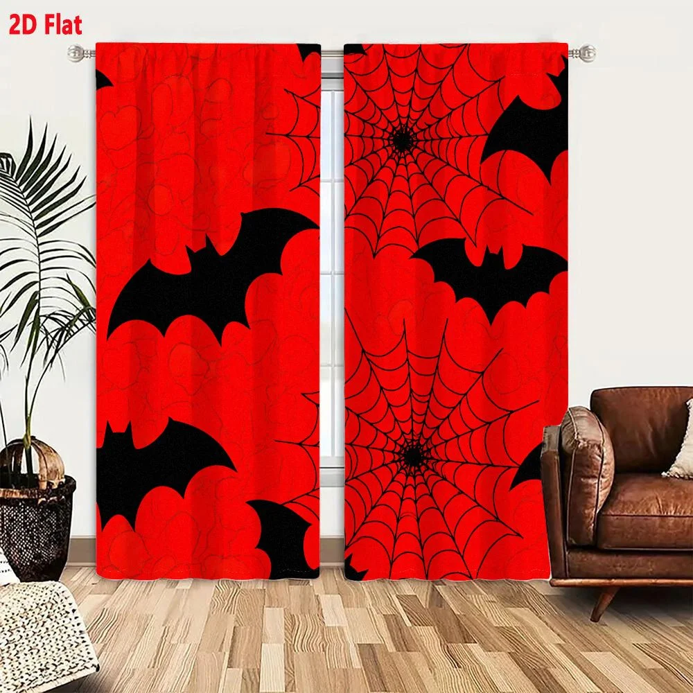 2Pcs Curtains 2D Flat Halloween Spooky Pattern With Large Red Flowers Black Bat Silhouettes And Black Spider Webs With Red Outli