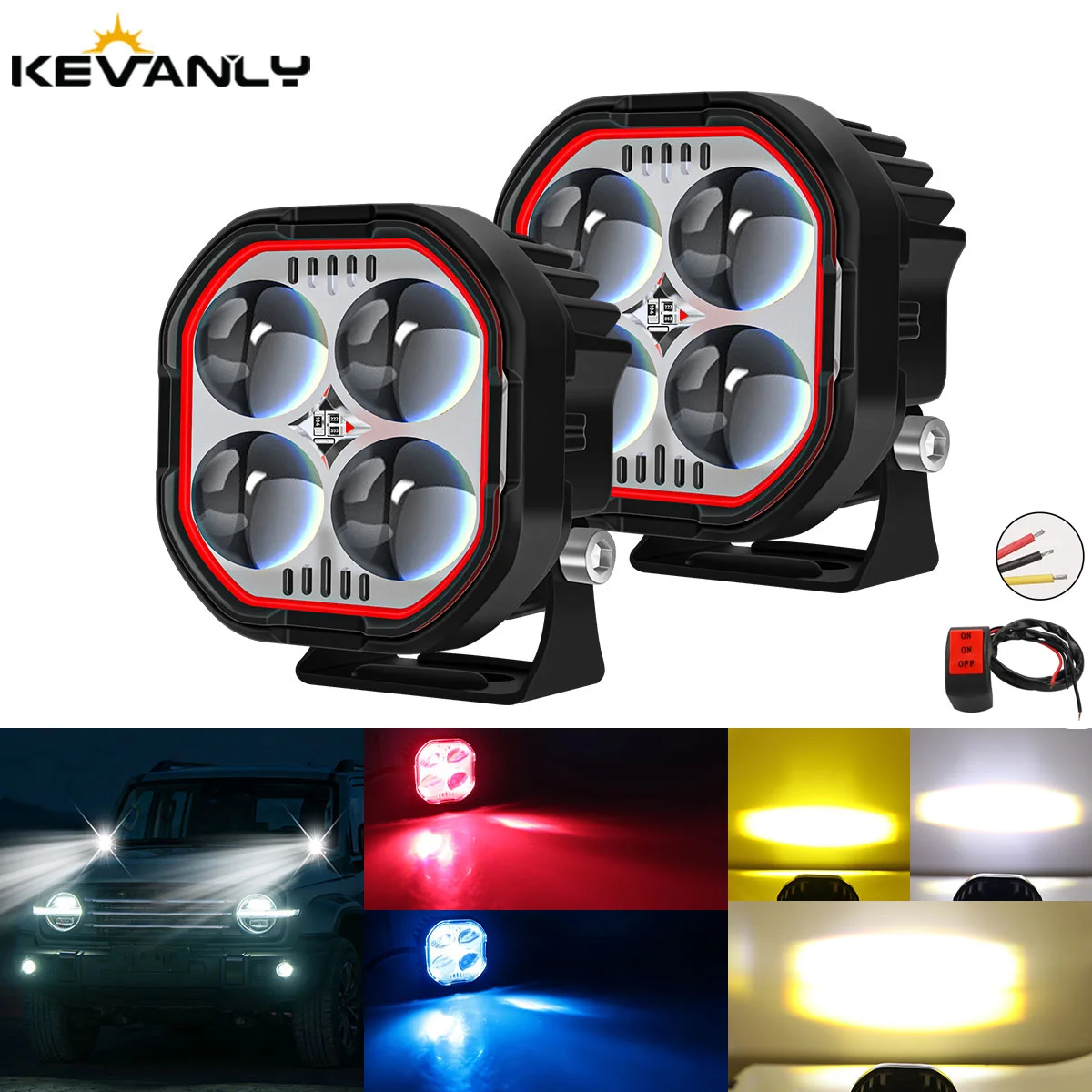 Motorcycle 4 Lens LED Laser Spotlight Auxiliary Headlight With Switch White Yellow DRL Driving Fog Lamp Red Blue Flashing Light