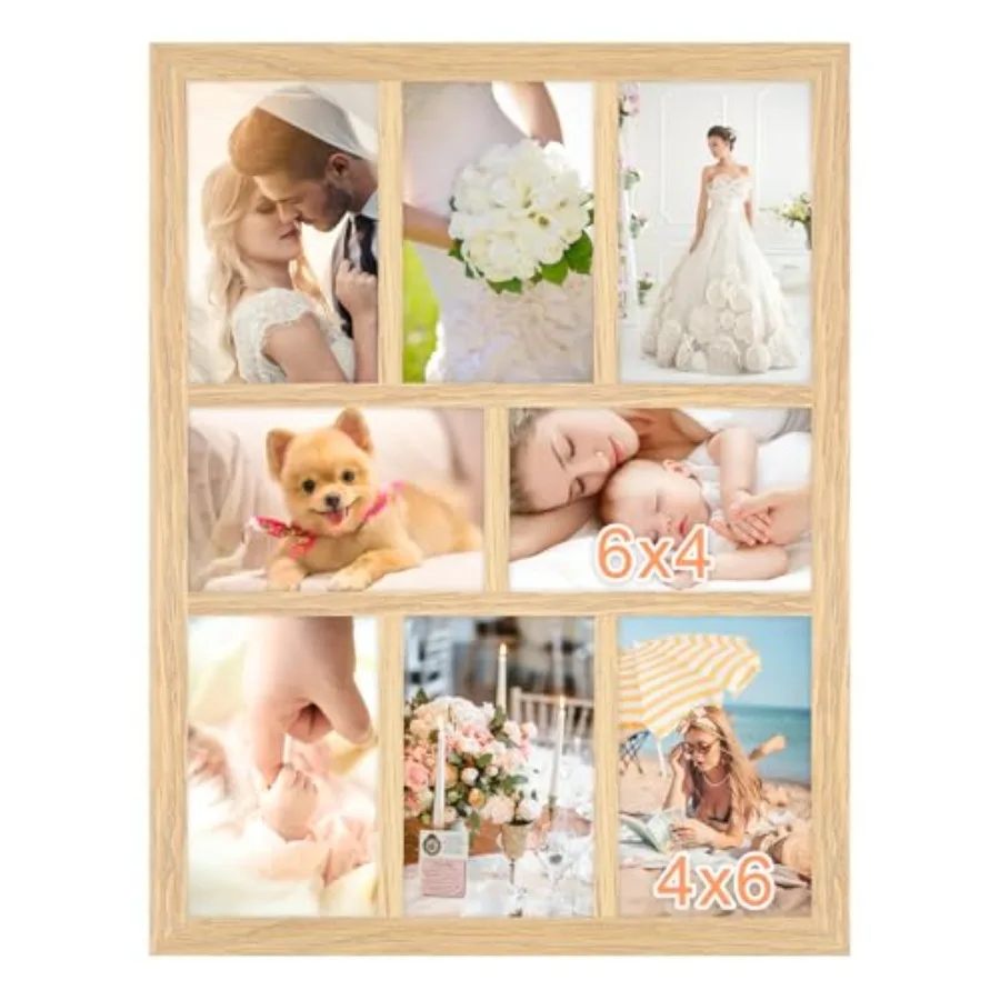 4x6 Oak Wood Picture Frames Collage Wall Decor Natural Solid Oak Wooden Family Photo Collage Frame 8 Openings Glass Front Wall