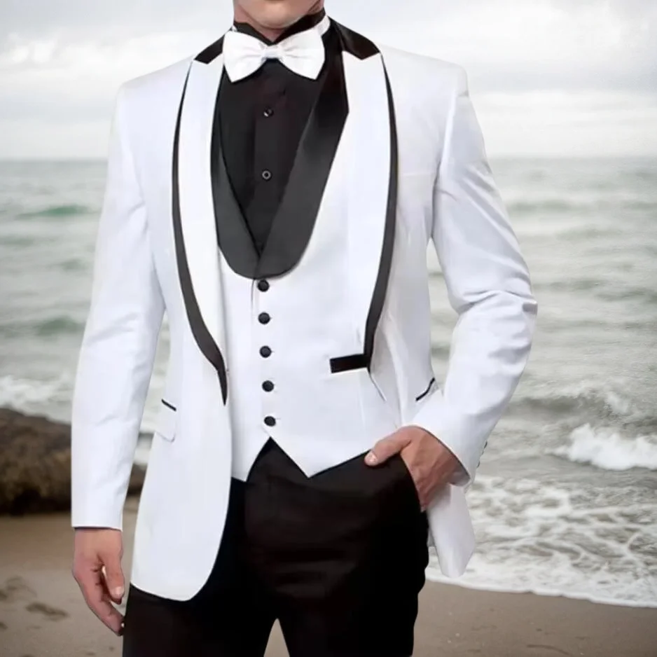 

Latest White Wedding Suits for Men with Black Pants Shawl Lapel Business Suit Groomsmen Tuxedo Jacket Vest Pants Sets Groom Wear