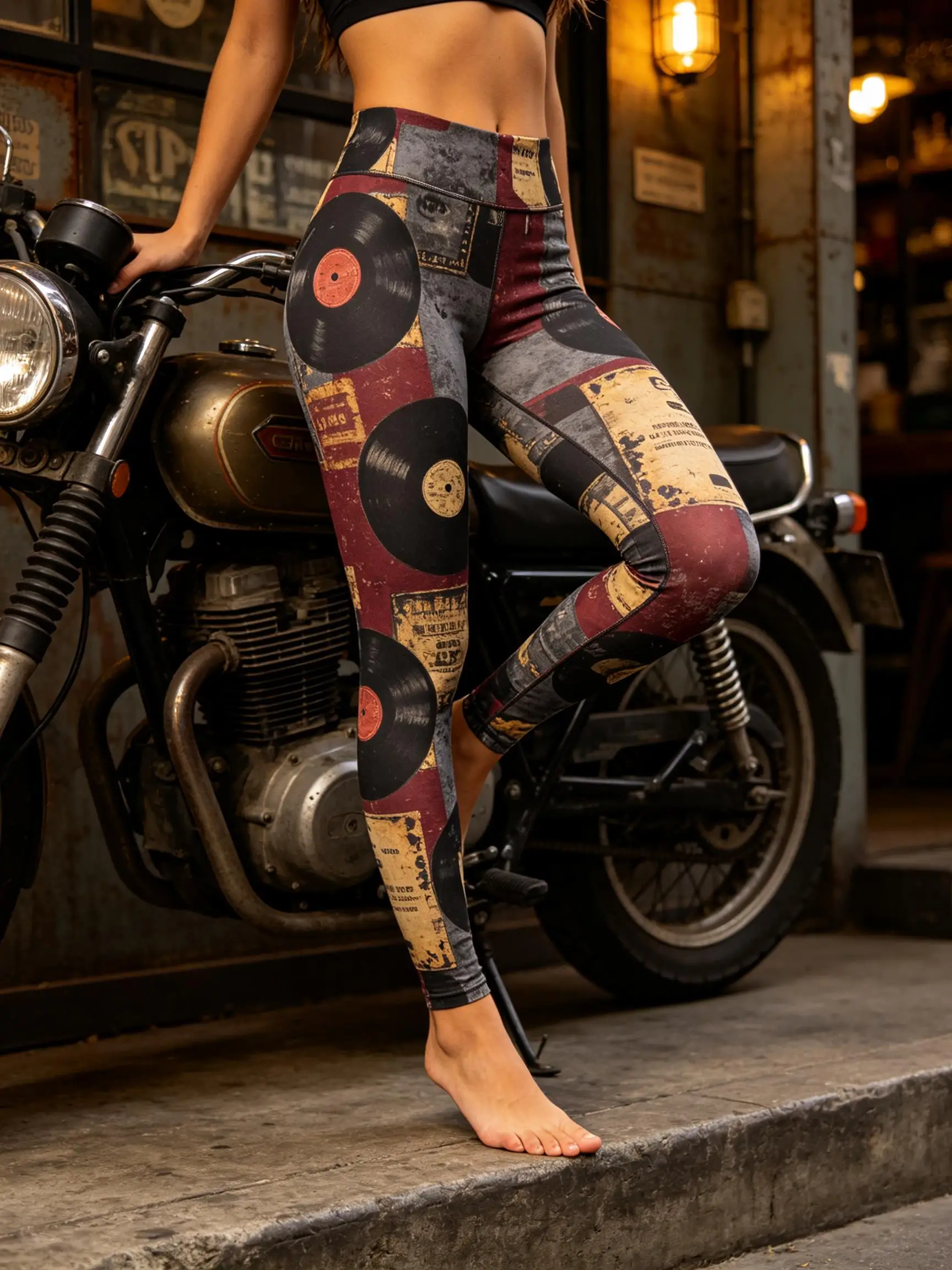 Women Fleece-Lined Mid-Rise Leggings Vintage Vinyl Record Newspaper Print Slim Warm Casual Pants