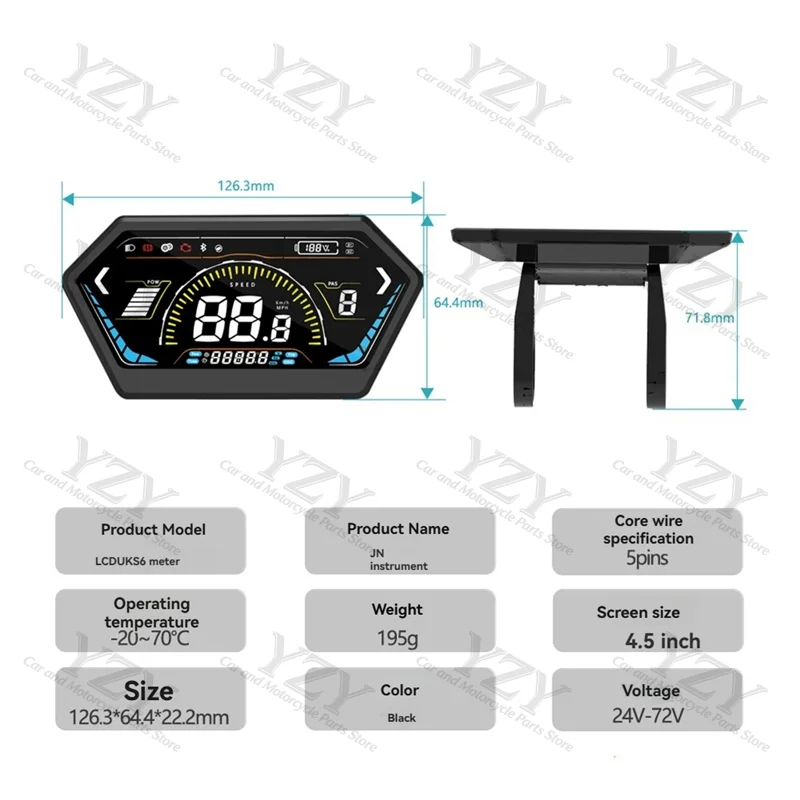 UKS6 Electric Scooter LCD Meter Color Screen 24V-72V Electric Bicycle Dashboard E-Bike Smart Display Waterproof 5PIN-ABQA