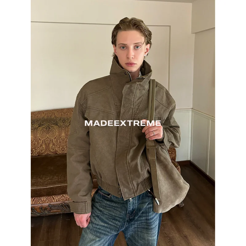 

Винтажная рабочая одежда EME с воротником-стойкой в стиле ретро для мужчин и женщин, осеннее потертое трехмерное короткое широкое пальто Boxy