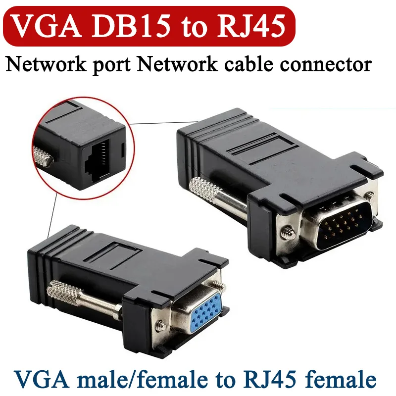 VGA DB15 to RJ45 Ethernet Connector 15Pin VGA Male Female to RJ45 Signal Adapter Suitable for VGA Interfaces 3 Row 15P Connector