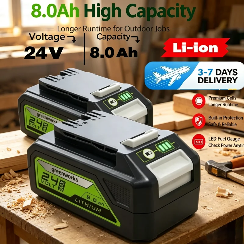 24V 8,0Ah für Greenworks 24V Elektrowerkzeug Schnellladender Lithium-Akku MO24B410 MO48L4211 HT24B210 21342 Ersatzakku, Ersatzbatterie