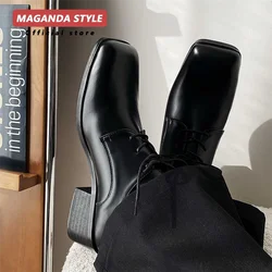 Formal leather shoes for men's Korean version casual height increasing 5CM niche design unisex square toe derby shoes