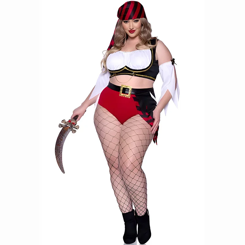 Disfraz de Pirata para Mujer Talla Grande, Conjunto Completo con Top Corto, Pantalones Cortos, Cinturón y Pañuelo para la Cabeza, Disfraz de Carnaval de Halloween, Cosplay de Bucanera Femenina