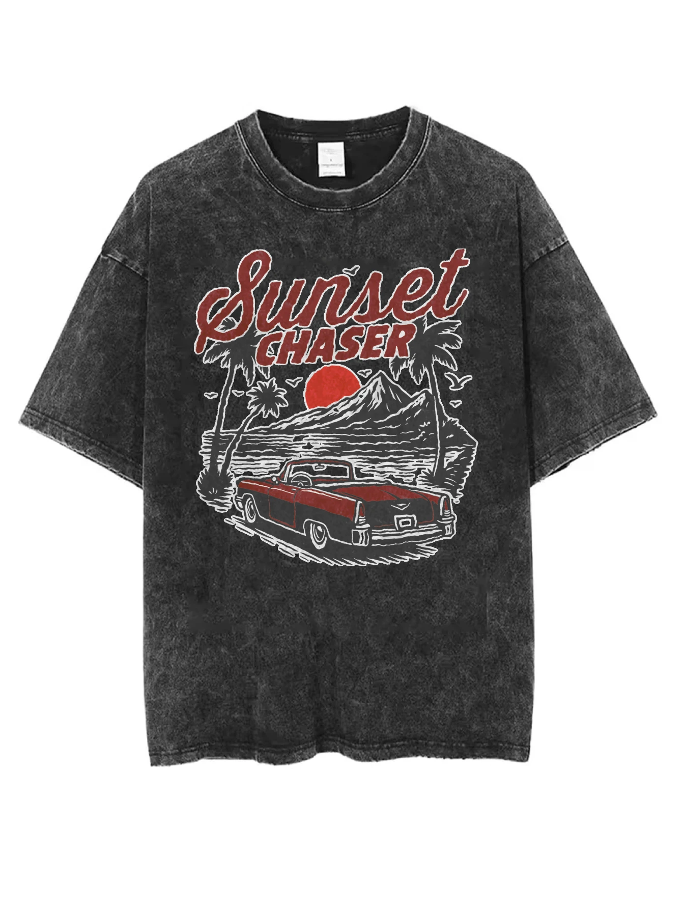 

Sunset Chaser Washed Black Round-Neck T-Shirt for Men Women Loose Fit Comfortable for Christmas Winter
