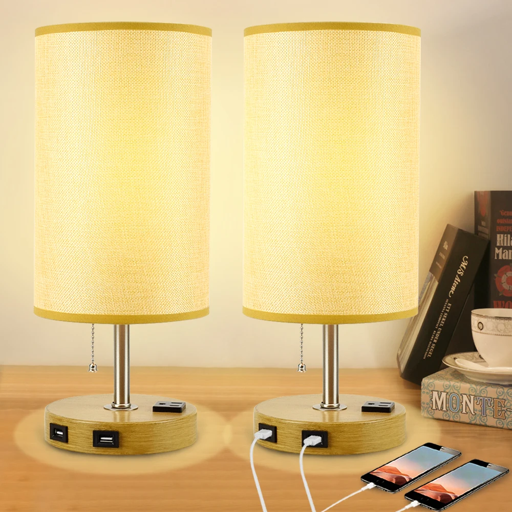 Depuley Set of 2 USB Table Lamps –Lamps with Dual USB Ports, AC Outlet, and Fabric Shade, E26 Bulb Included for Bedroom, Living