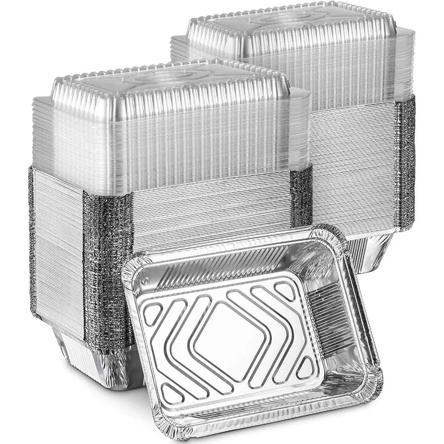Sartén oblonga de aluminio de 2,25 libras con tapa de tablero, sartenes oblongas desechables de papel de aluminio para hornear pasteles, 100 latas reciclables, contenedores perfectos