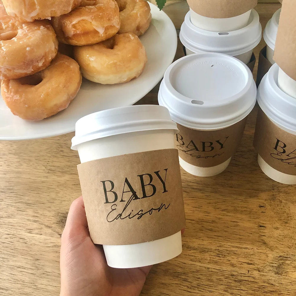 

Custom 10Pcs Kraft Paper Coffee Cup Sleeve for Baby Shower Gender Reveal Tabletop Accessories Baby Is Brewing Coffee Theme Party