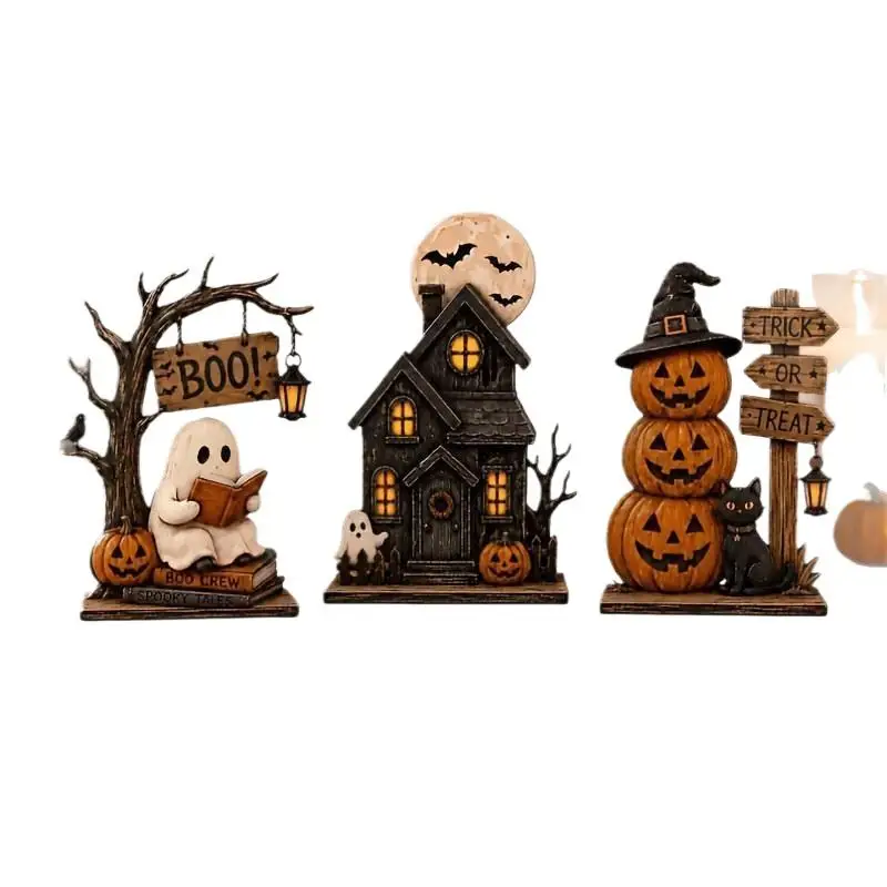 3 Stück Vintage-Halloween-Holz-Dekorationen für den Innenbereich mit Geister-, schwarzen Katzen- und Kürbis-Elementen zur Regaldekoration – Detail 8