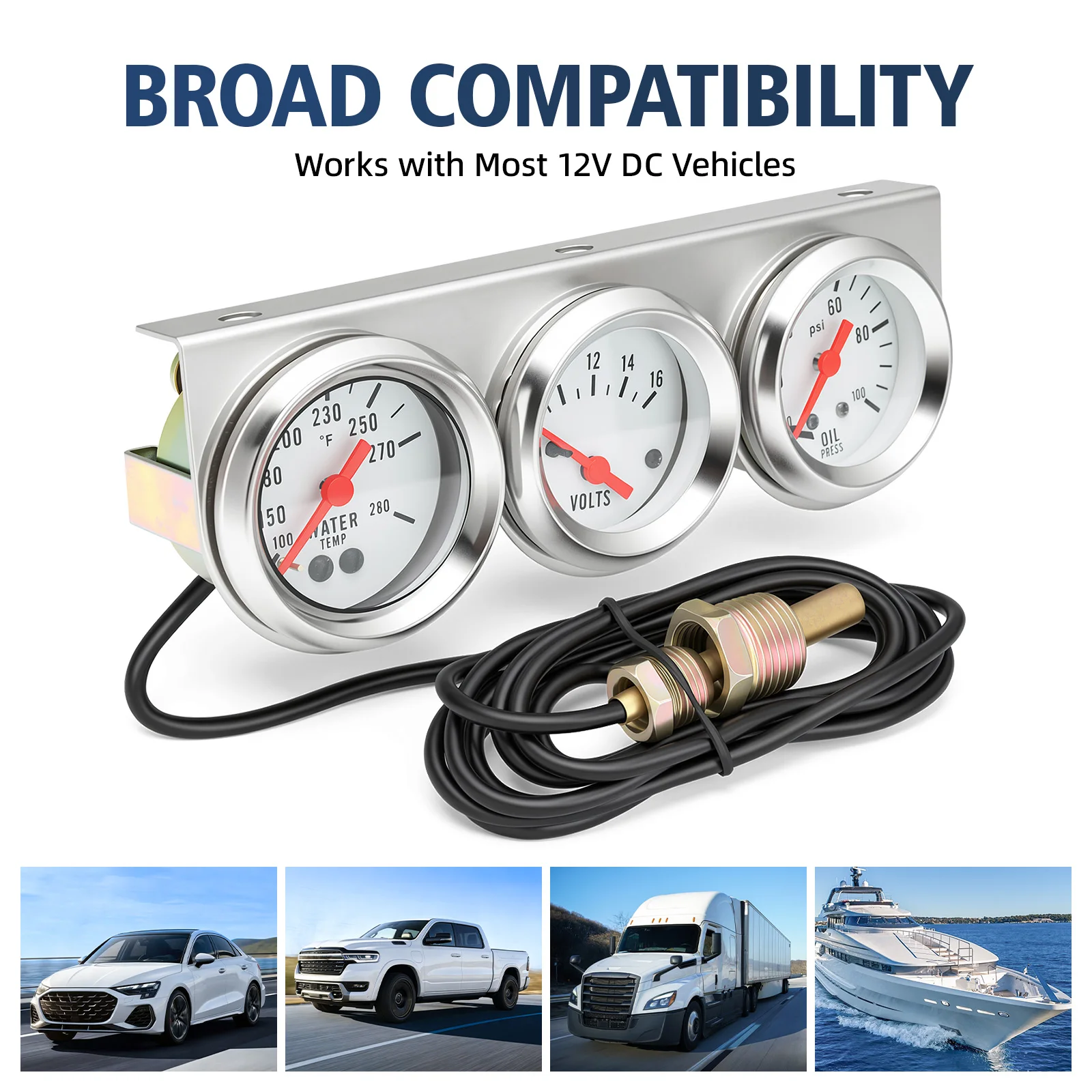 Digital 3 in 1 Triple Gauge Set Water Temp Oil Pressure Voltage Gauge 100-280℉ Water Temp Meter Black/White Gauge For Car 8-16V 2