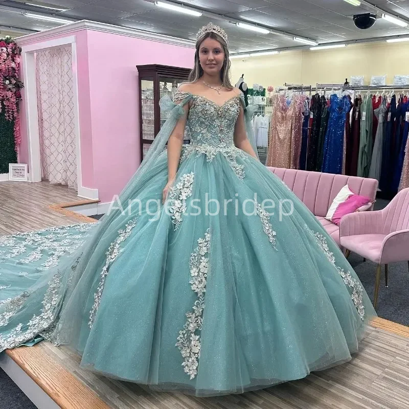 فستان الأميرة Quinceanera الأزرق اللامع Angelsbride-Aqua ، ثوب الكرة مع الرأس ، مطرز حلو ، 16 فستان ، فتيات بعمر 15 سنة