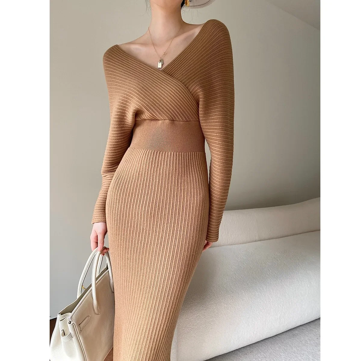 

Knitted Sweater Dress Women Autumn Winter New V-neck With Long Slim Knit Dresses Female High Waist Evening Party Dress F306