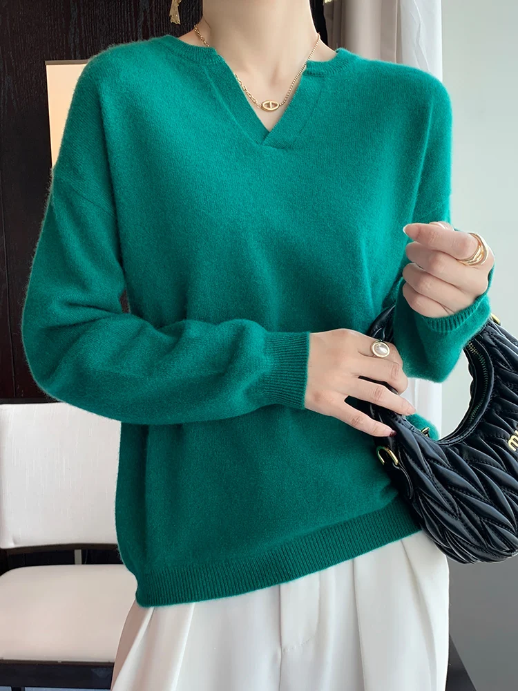 High Quality Women's V-neck Wool Sweater Autumn Winter Warm Cashmere Pullover 100% Merino Wool Knitwear Korean Popular Clothes