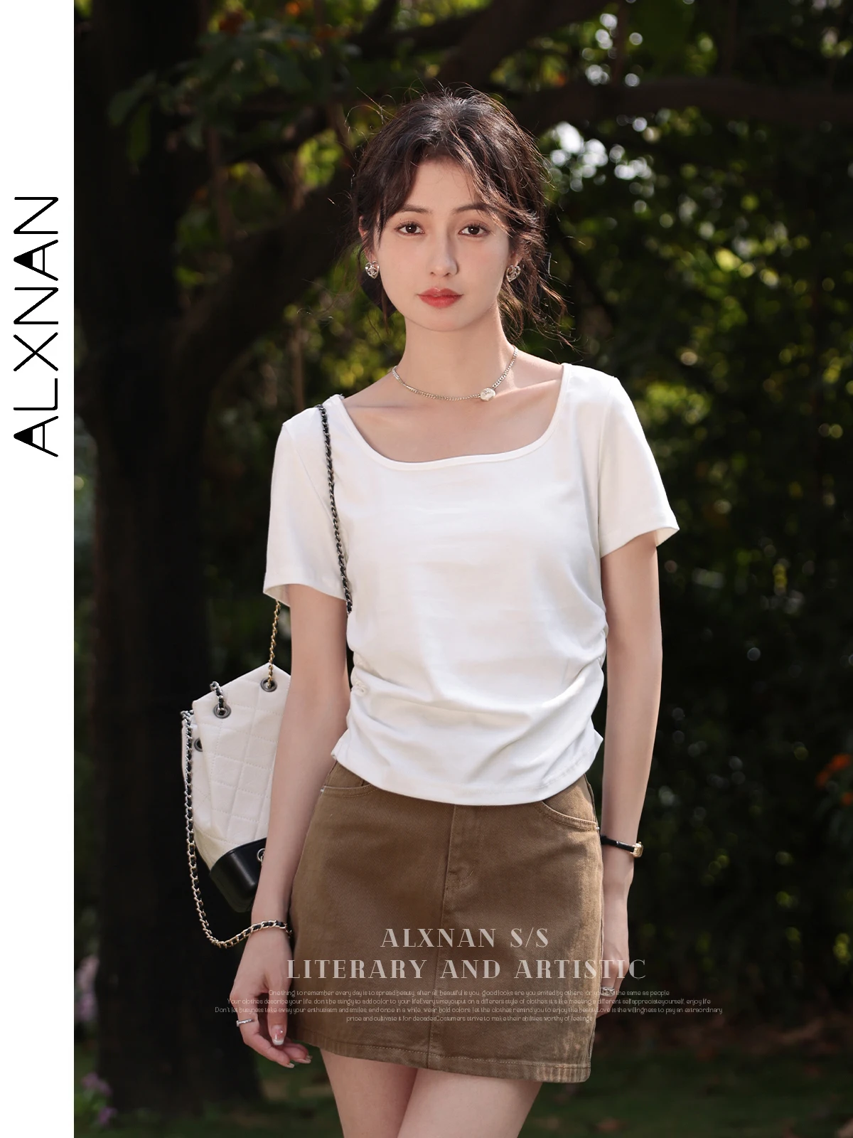 Alxnan-女性用のシンプルな半袖Tシャツ,伸縮性のあるサイドリング,スクエアカラー,スリムフィットTシャツ,夏のトップス,2021,lxn29361