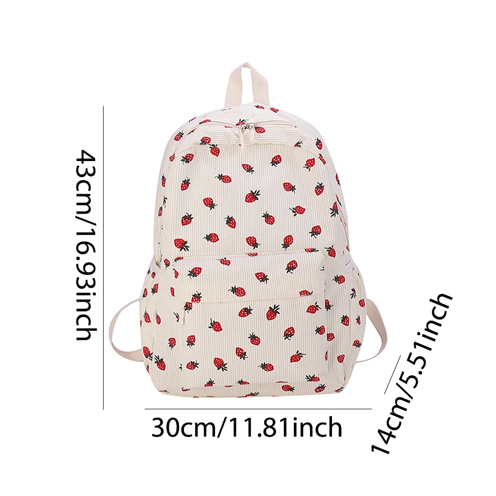 Corduroy Strawberry Backpack Stylish Laptop Backpack Multi-pockets Fashion Teenagers Daypack Adjustable Strap for Outdoor Travel