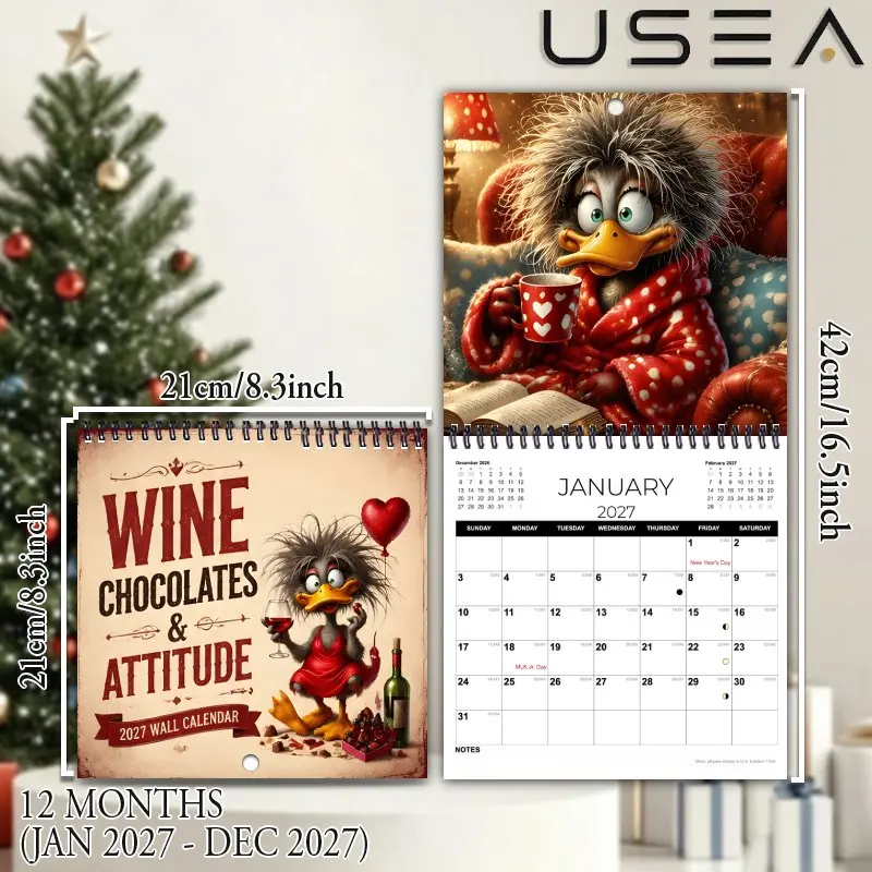 2027 Wall Calendar,Funny Quirky Duck Theme, Large Writable Blocks,US Federal Holidays, Ideal Gift for Mom Women Coworker Teacher