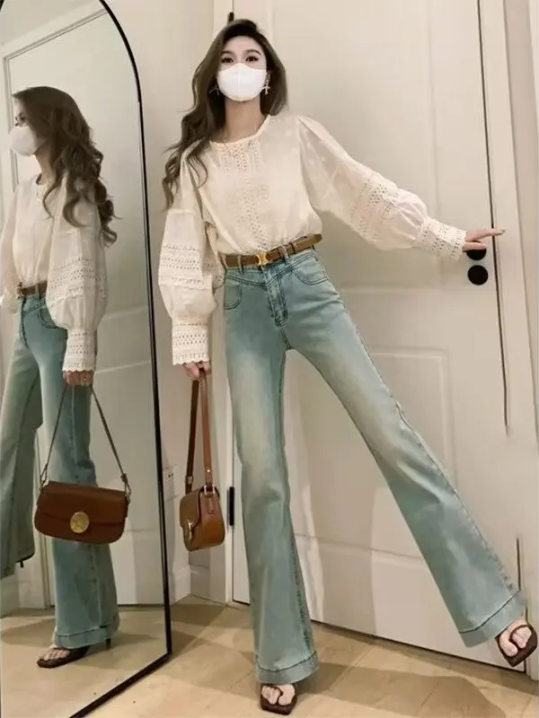 

Retro Light Wash High Waist Flared Jeans Women's Spring Autumn plus Size Slimming Hoof Pants Casual Style Zipper Closure
